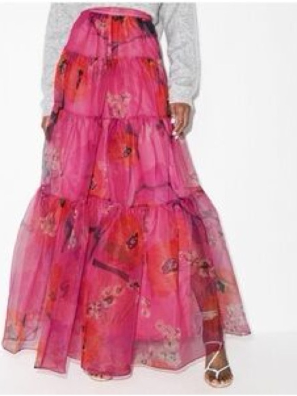 STAUD Pink Floral Tiered Maxi Skirt